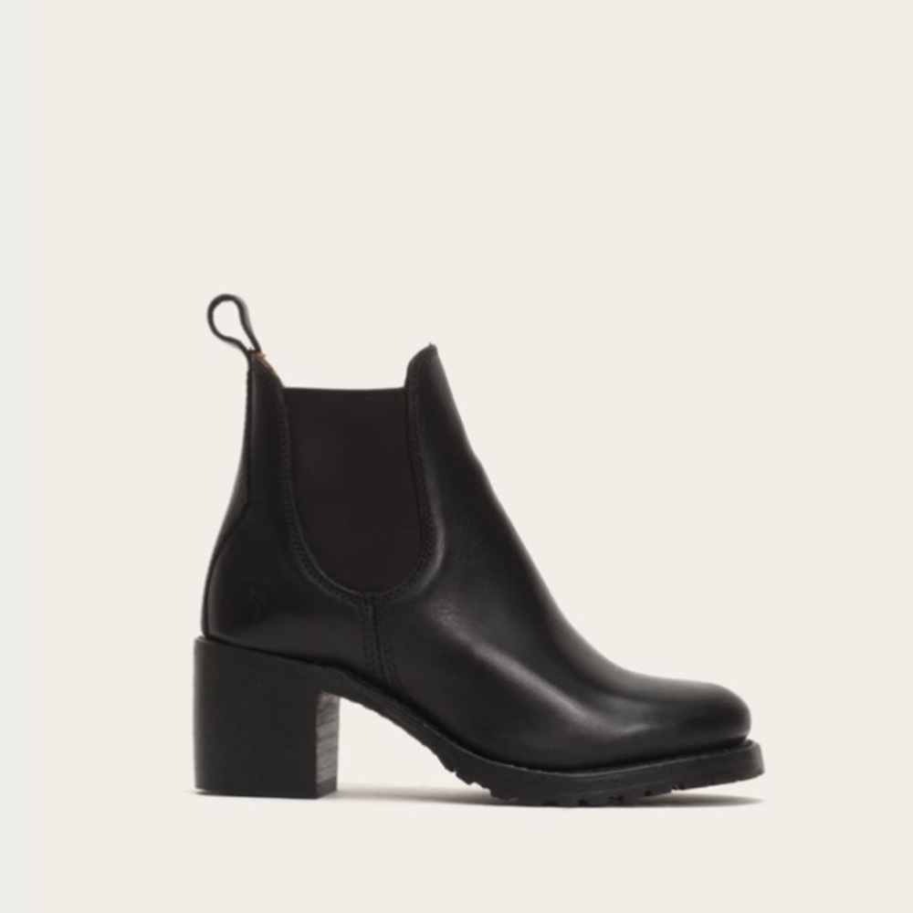 Frye Black Leather Chelsea Block Heel Ankle Boots